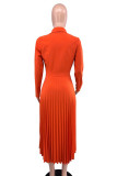 Tangerine Red Casual Solid Patchwork Pleated Shirt Collar Long Sleeve Dresses