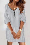 White Casual Solid Patchwork Zipper Collar Long Sleeve Dresses