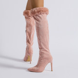 Zapatos de puerta puntiagudos de color sólido con patchwork informal rosa (altura del tacón 4.33 pulgadas)