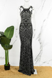 Zwarte elegante effen patchwork rugloze hoge opening hete boorjurken met O-hals en lange mouwen
