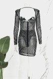 Schwarze, sexy, elegante, solide Patchwork-Kleider mit rückenfreiem Netz, Hot Drill, asymmetrischem Kragen, einstufiger Rock