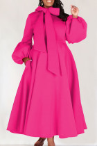 Розово-красные повседневные однотонные платья с бантом и половиной водолазки с длинным рукавом