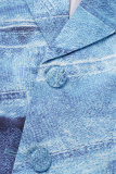 Blå Casual Print urholkat Patchwork Turndown-krage Långärmade klänningar