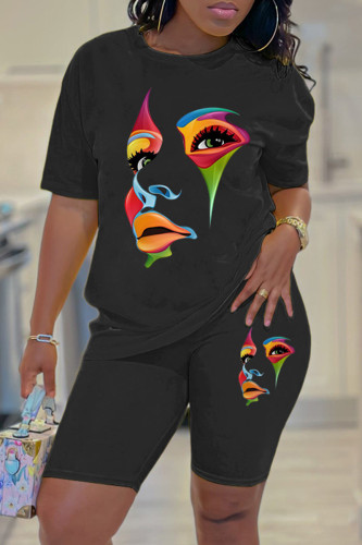 Black Casual Print Basic O Neck Short Sleeve Two Pieces