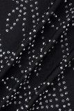 Black Elegant Solid Patchwork Backless High Opening Hot Drill O Neck Long Sleeve Dresses