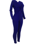 Deep Blue Sexy Solid Draw String V Neck Long Sleeve Two Pieces