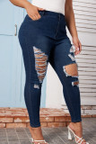 Djupblå Casual Solid Ripped Plus Size Jeans