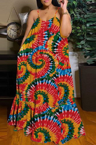 Red Rainbow Sexy Casual Print Backless Spaghetti Strap Long Maxi Cami Loose Dress
