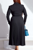 Schwarze, lässige, solide Patchwork-Kleider mit plissiertem Hemdkragen und langen Ärmeln