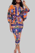 Orange sexy Street-Print-Patchwork-Bleistiftrock-Kleider mit V-Ausschnitt