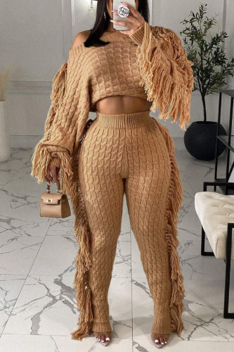 Apricot Street Solid Tassel Patchwork O Neck Long Sleeve Two Pieces