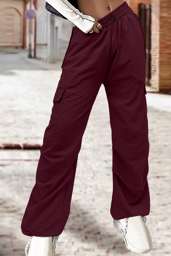Burgunderrote Street Solid Patchwork-Hose mit Kordelzug und Tasche, gerade, niedrige Taille, gerade, einfarbige Hose