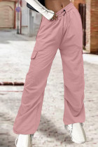Розовый уличный однотонный пэчворк с карманами на шнурке Прямые однотонные брюки с заниженной талией