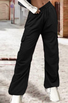 Preto rua sólido retalhos draw string bolso em linha reta cintura baixa reta cor sólida bottoms