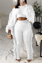 White Street Solid Tassel Patchwork O Neck Long Sleeve Two Pieces