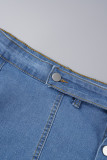 Azul claro casual sólido retalhos botões plus size saia jeans de cintura alta