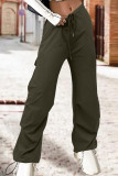 Хаки Уличный Однотонный Пэчворк Карман на шнурке Прямые прямые однотонные брюки с высокой талией