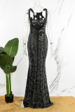 Zwarte elegante effen patchwork rugloze hoge opening hete boorjurken met O-hals en lange mouwen