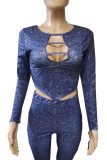 Blue Elegant Solid Hollowed Out Patchwork O Neck Long Sleeve Two Pieces