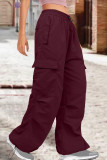 Burgunderrote Street Solid Patchwork-Hose mit Kordelzug und Tasche, gerade, niedrige Taille, gerade, einfarbige Hose
