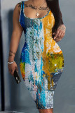 ブルーカジュアルポジショニングプリントタイダイ U ネックベストドレスプラスサイズのドレス