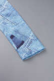 Blaue, lässig bedruckte, ausgehöhlte Patchwork-Umlegekragen-Langarmkleider