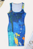 Blaues, lässiges, nicht positionierendes, bedrucktes Batik-Westenkleid mit U-Ausschnitt und Kleider in Übergröße