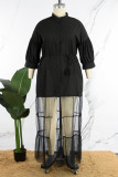 Robe longue noire décontractée en patchwork uni avec col de chemise, robes de grande taille