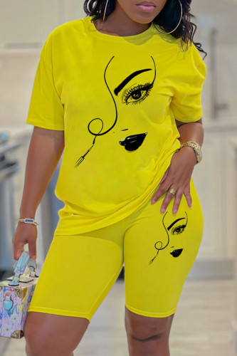 Yellow Black Casual Print Basic O Neck Short Sleeve Two Pieces