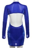Blue Casual Solid Backless Slit Half A Turtleneck Long Sleeve Two Pieces