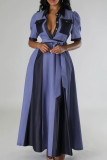 Blaue, lässige Farbblock-Verband-Patchwork-Taschenschnalle mit V-Ausschnitt, langes Kleid