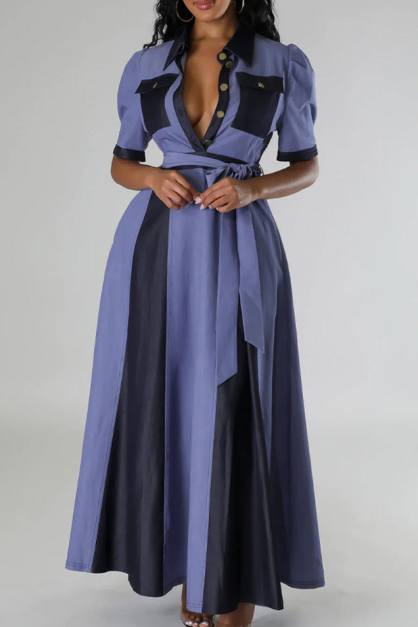 Schwarze, lässige Farbblock-Verband-Patchwork-Taschenschnalle mit V-Ausschnitt, langes Kleid