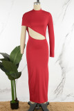 Red Sexy Hollowed Out Half A Turtleneck Long Sleeve Dresses
