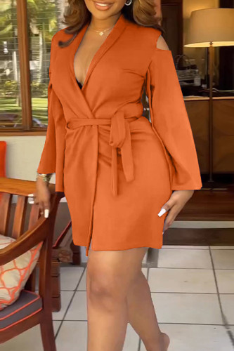 Orange Casual Solid Ripped Bandage Patchwork V Neck Suit Dress Dresses