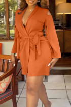 オレンジ カジュアル ソリッド リッピング包帯パッチワーク V ネック スーツ ドレス ドレス