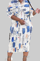 ホワイトブルーのセクシーなストリートプリントパッチワークVネックペンシルスカートドレス