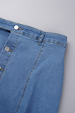 Azul claro casual sólido retalhos botões plus size saia jeans de cintura alta