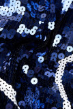 Blue Casual Letter Sequins Patchwork Zipper Collar Outerwear