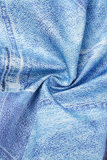 ブルー カジュアル プリント くり抜き パッチワーク ターンダウンカラー 長袖 ドレス