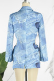 Robes décontractées bleues à manches longues et col rabattu en patchwork ajouré imprimé décontracté