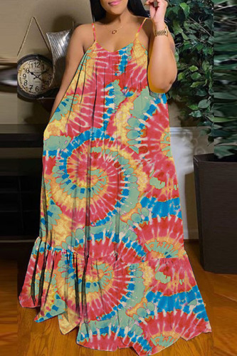 Pale Red Rainbow Sexy Casual Print Backless Spaghetti Strap Long Maxi Cami Loose Dress