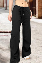 Schwarze Street Solid Patchwork Kordelzugtasche, gerade, gerade, einfarbige Hose mit hoher Taille