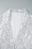 Capispalla con colletto risvoltato patchwork in paillettes tinta unita argento celebrità