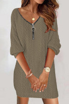 Olive Green Casual Solid Patchwork Zipper Collar Long Sleeve Dresses