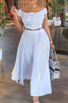 White Elegant Solid Patchwork Draw String Buckle Off the Shoulder Short Sleeve Two Pieces Crop Tops And Skirts Sets