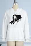 White Casual Street Print Draw String Hooded Collar Tops