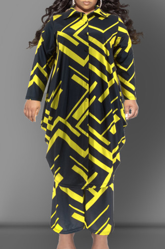 Yellow Casual Print Patchwork Buckle Turndown Collar Plus Size Two Pieces