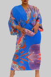 Голубые сексуальные платья-юбки-карандаши с уличным принтом в стиле пэчворк и V-образным вырезом