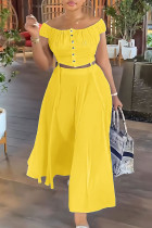 Yellow Elegant Solid Patchwork Draw String Buckle Off the Shoulder Short Sleeve Two Pieces Crop Tops And Skirts Sets