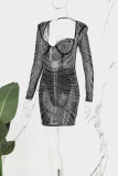 Zwarte sexy elegante effen patchwork rugloze mesh hete boor asymmetrische kraag one-step rokjurken